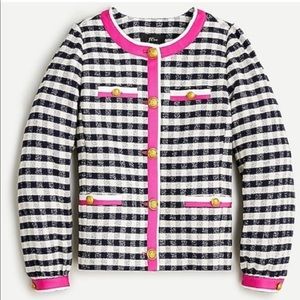 J Crew Grosgrain trim jacket in gingham tweed navy and pink